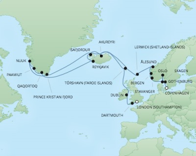 Cruises RSSC Regent Seven Explorer Map Detail Southampton, United Kingdom to Copenhagen, Denmark July 25 August 21 2017 - 27 Days