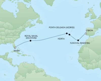 Cruises RSSC Regent Seven Explorer Map Detail Lisbon, Portugal to Miami, FL, United States November 24 December 8 2017 - 14 Days