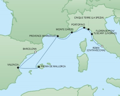 Cruises RSSC Regent Seven Explorer Map Detail Barcelona, Spain to Civitavecchia, Italy November 4-12 2017 - 8 Days