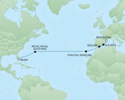 Cruises RSSC Regent Seven Explorer Map Detail Miami, FL, United States to Barcelona, Spain March 21 April 4 2018 - 14 Days