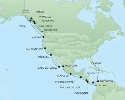 Cruises RSSC Regent Seven Mariner Map Detail Miami, FL, United States to Vancouver, Canada April 18 May 16 2018 - 29 Days