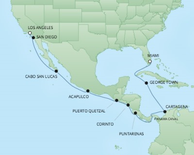 Cruises RSSC Regent Seven Mariner Map Detail Los Angeles, CA, United States to Miami, FL, United States April 2-18 2018 - 17 Days