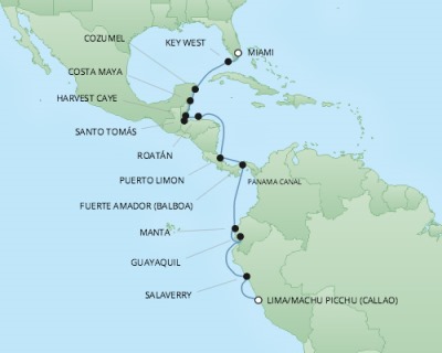 Cruises RSSC Regent Seven Mariner Map Detail Miami, FL, United States to Callao, Peru January 5-23 2018 - 19 Days