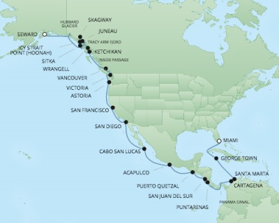 Cruises RSSC Regent Seven Navigator Map Detail Miami, Florida to Anchorage (Seward), AK June 17 July 19 2017 - 32 Days