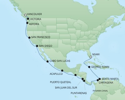 Cruises RSSC Regent Seven Navigator Map Detail Miami, Florida to Vancouver, BC, Canada June 17 July 9 2017 - 22 Days