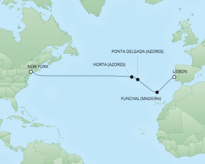 Cruises RSSC Regent Seven Navigator Map Detail Lisbon, Portugal to New York, NY, United States October 6-17 2017 - 11 Days