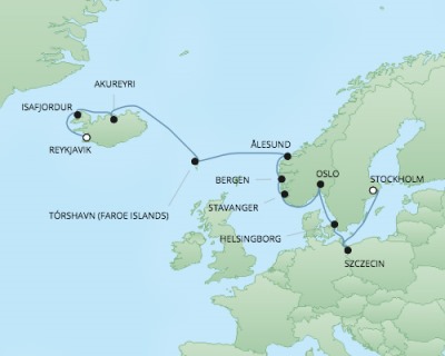 Cruises RSSC Regent Seven Navigator Map Detail Reykjavk, Iceland to Stockholm, Sweden September 1-14 2017 - 14 Days