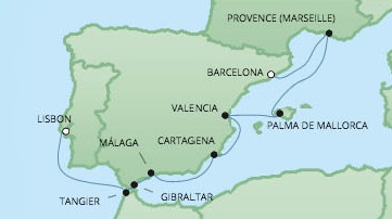 Cruises RSSC Regent Seven Voyager Map Detail Barcelona, Spain to Lisbon, Portugal August 11-20 2017 - 9 Days