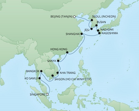 Cruises RSSC Regent Seven Voyager Map Detail Singapore, Singapore to Hong Kong, China December 5-17 2017 - 12 Days