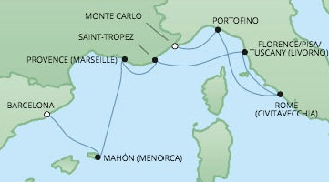 Cruises RSSC Regent Seven Voyager Map Detail Barcelona, Spain to Monte Carlo, Monaco July 18-25 2017 - 7 Days