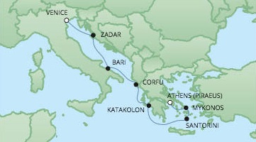 Cruises RSSC Regent Seven Voyager Map Detail Venice, Italy to Piraeus, Greece October 8-15 2017 - 7 Days