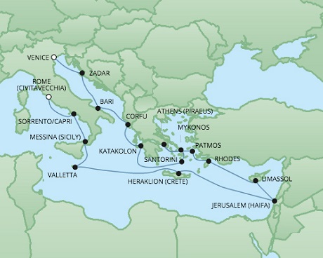 Cruises RSSC Regent Seven Voyager Map Detail Venice, Italy to Civitavecchia, Italy October 8-27 2017 - 19 Days