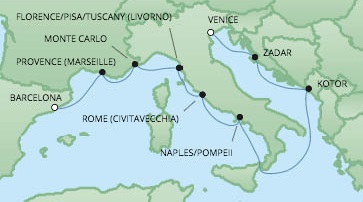 Cruises RSSC Regent Seven Voyager Map Detail Barcelona, Spain to Venice, Italy September 8-18 2017 - 10 Days