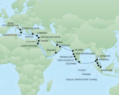 Cruises RSSC Regent Seven Voyager Map Detail Laem Chabang, Thailand to Civitavecchia, Italy April 22 June 1 2018 - 40 Days