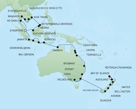 Cruises RSSC Regent Seven Voyager Map Detail Singapore, Singapore to Auckland, New Zealand January 17 March 6 2018 - 38 Days