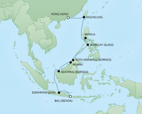 Cruises RSSC Regent Seven Voyager Map Detail Benoa (Bali), Indonesia to Hong Kong, China March 24 April 8 2018 - 15 Days