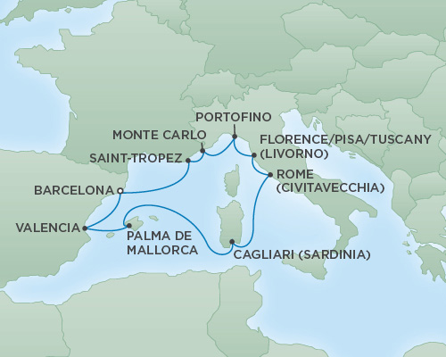 Cruises RSSC Regent Seven Voyager Map Detail Barcelona, Spain to Barcelona, Spain July 13-23 2018 - 10 Days