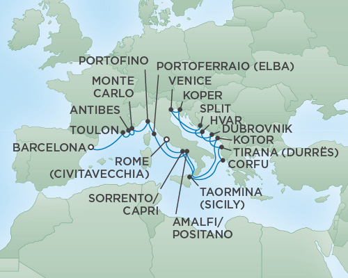 Cruises RSSC Regent Seven Voyager Map Detail Barcelona, Spain to Rome (Civitavecchia), Italy July 23 August 11 2018 - 19 Days