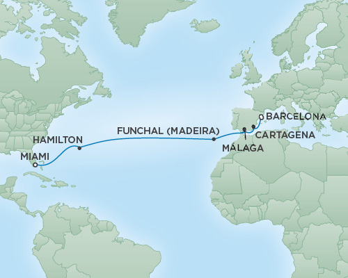 Cruises RSSC Regent Seven Voyager Map Detail Barcelona, Spain to Miami, Florida November 12-26 2018 - 14 Days