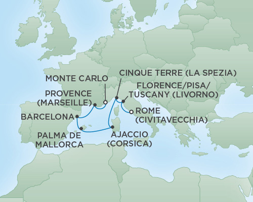 Cruises RSSC Regent Seven Voyager Map Detail Rome (Civitavecchia), Italy to Monte Carlo, Monaco October 29 November 5 2018 - 7 Days