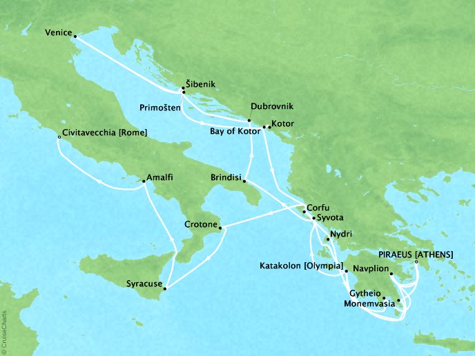 Seabourn Cruises Encore Map Detail Piraeus (Athens), Greece to Civitavecchia, Italy June 17 July 8 2017 - 22 Days