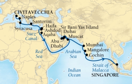Seabourn Cruises Encore Map Detail Civitavecchia, Italy to Singapore, Singapore October 4 November 10 2017 - 37 Days