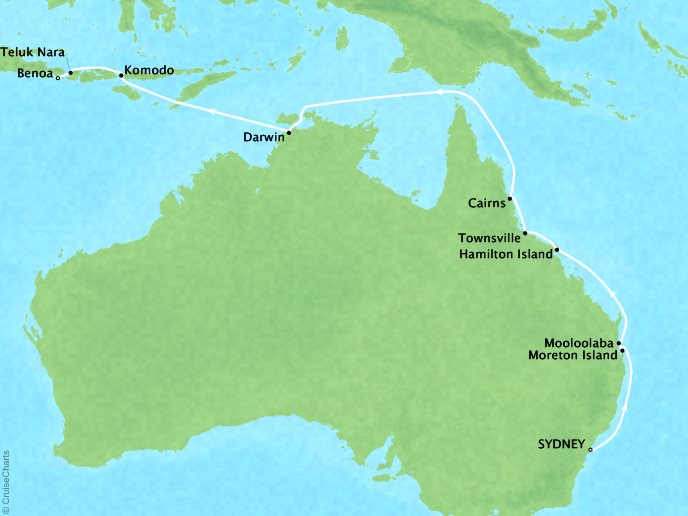 Seabourn Cruises Encore Map Detail Sydney, Australia to Benoa (Bali), Indonesia February 22 March 12 2018 - 19 Days