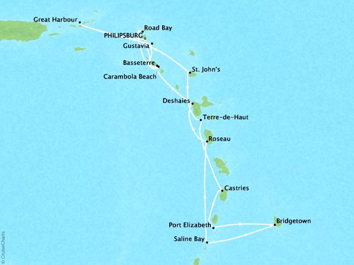 Seabourn Cruises Odyssey Map Detail Philipsburg, Sint Maarten to Philipsburg, Sint Maarten February 10-24 2018 - 15 Days