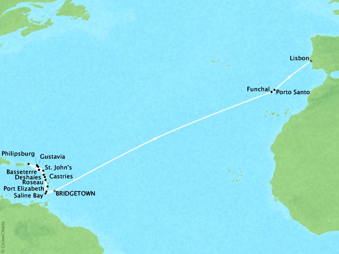 Seabourn Cruises Odyssey Map Detail Bridgetown, Barbados to Lisbon, Portugal March 31 April 25 2018 - 26 Days