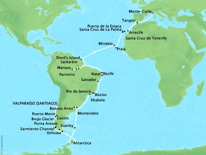 Seabourn Cruises Quest Map Detail Valparaiso (Santiago), Chile to Monte Carlo, Monaco February 3 April 10 2018 - 66 Days - Voyage 6816B