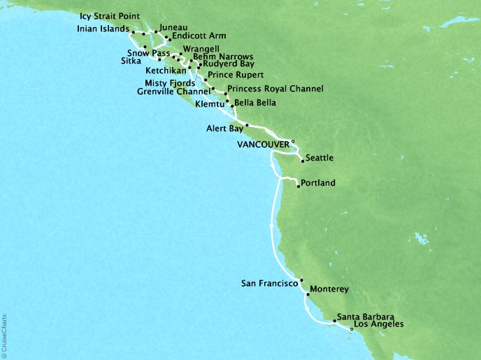 Seabourn Cruises Sojourn Map Detail Vancouver, Canada to Los Angeles, CA, United States September 21 October 14 2017 - 24 Days