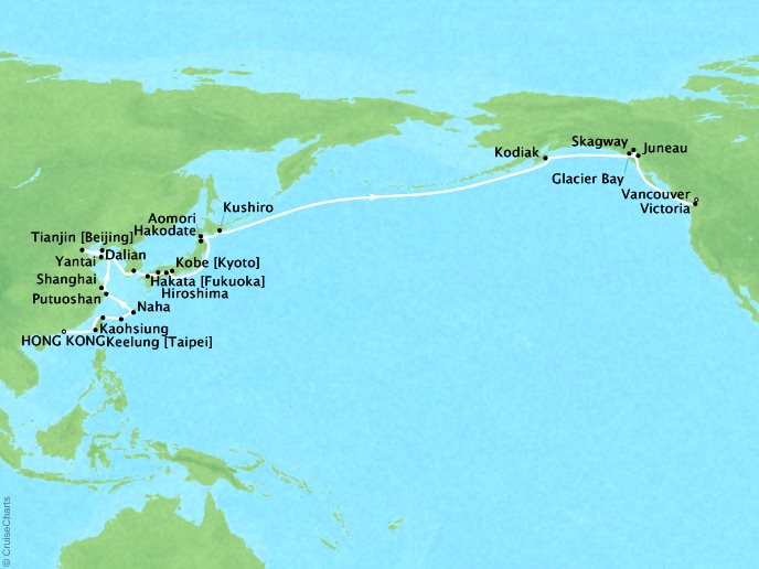 Seabourn Cruises Sojourn Map Detail Hong Kong, China to Vancouver, Canada April 24 June 4 2018 - 42 Days