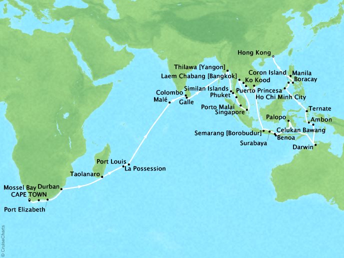 Seabourn Cruises Sojourn Map Detail Cape Town, South Africa to Hong Kong, China February 11 April 24 2018 - 72 Days