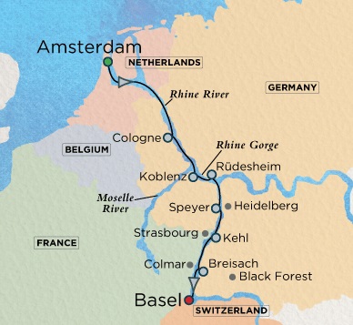 Crystal River Bach Cruise Map Detail Amsterdam, Netherlands to Basel, Switzerland December 3-13 2017 - 10 Days