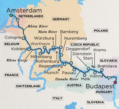 Crystal River Mahler Cruise Map Detail  Amsterdam, Netherlands to Budapest, Hungary December 19 2017 January 4 2018 - 16 Days