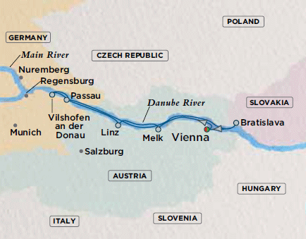 Crystal River Mozart Cruise Map Detail Vienna, Austria to Vienna, Austria December 2-12 2016 - 10 Days