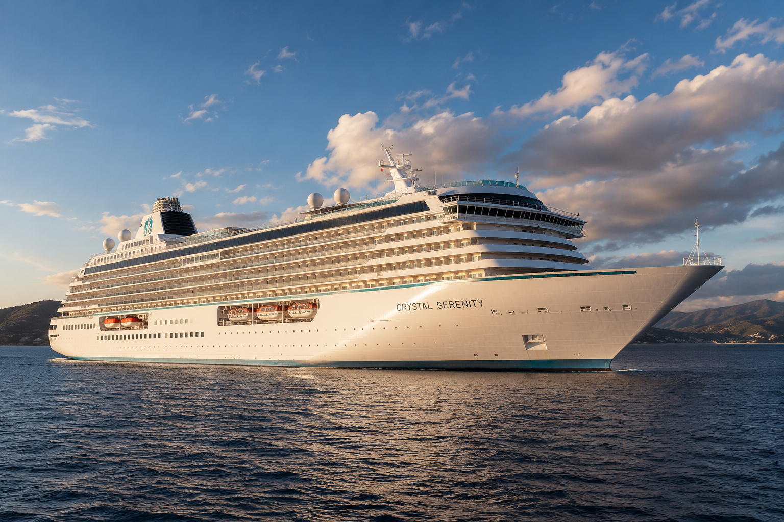 Crystal Serenity sailing at sunset for Crystal world cruises
