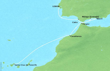 Cruises Ponant Yatch Cruises Expeditions Le Lyrial Map Detail Lisbon, Portugal to Santa Cruz De Tenerife, Spain October 11-19 2018 - 8 Days