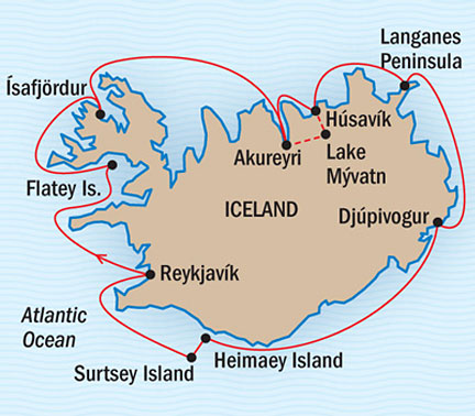 Around the World Private Jet Explorer National Geographic NG Lindblad Expeditions Cruises NG Explorer Map Detail Reykjav�k, Iceland to Keflav�k, Iceland July 20-29 2022 - 10 Days