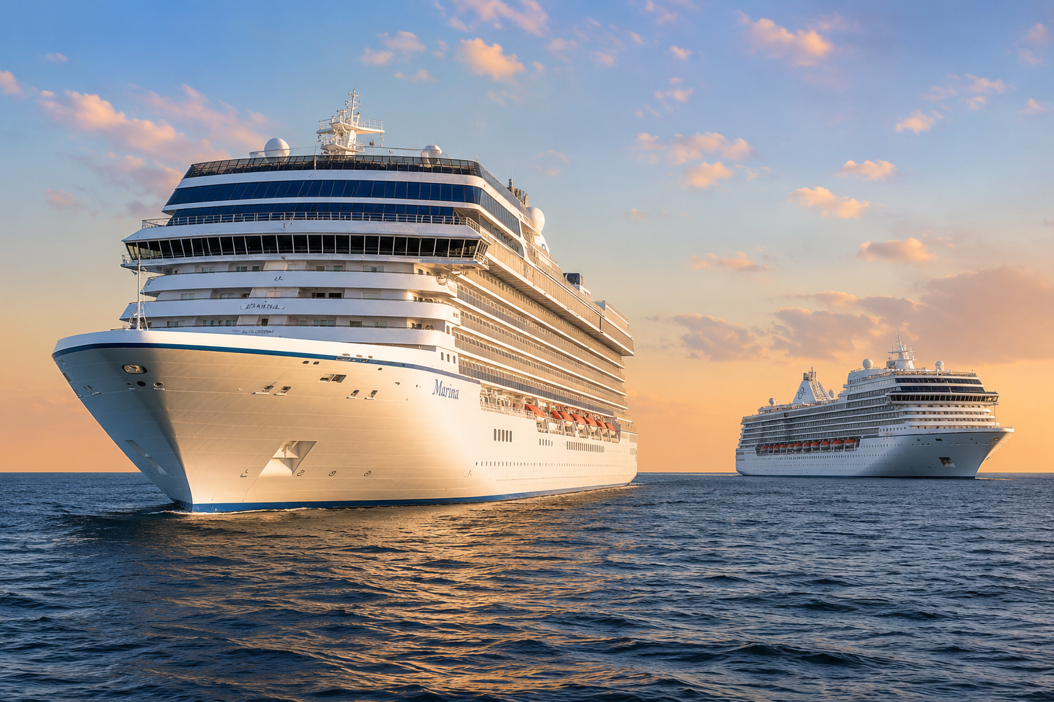 Oceania Cruises ships at sunset for world voyages
