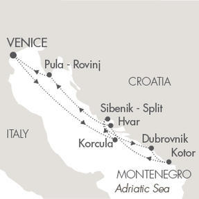 Ponant Yacht Cruises Le Lyrial  Map Detail Venice, Italy to Venice, Italy August 22-29 2017 - 7 Days