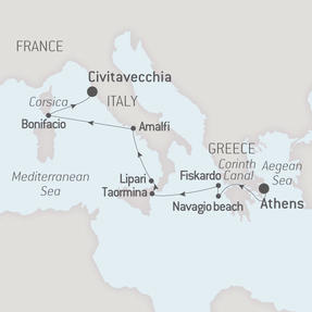 Ponant Yacht Cruises Le Lyrial  Map Detail Piraeus, Greece to Civitavecchia, Italy August 8-15 2017 - 7 Days
