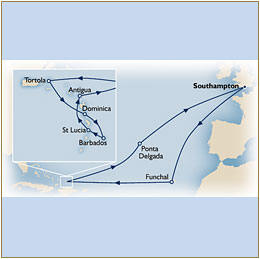 Cunard map Queen Elizabeth QE 2010 Southampton to Southampton