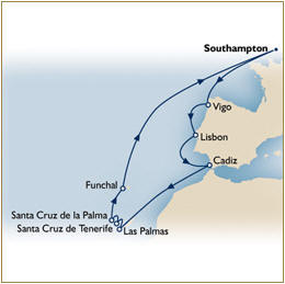 Map Cunard Queen Elizabeth QE 2010 Southampton to Southampton