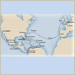 Map Cunard Queen Victoria QV 2011 Los angeles to southampton