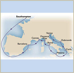 Map Cunard Queen Victoria QV 2010 Southampton to Venice