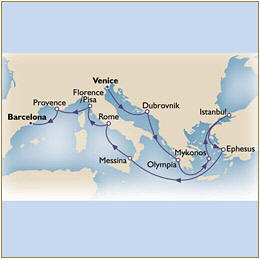 Map Cunard Queen Victoria QV 2010 Venice to Barcelona