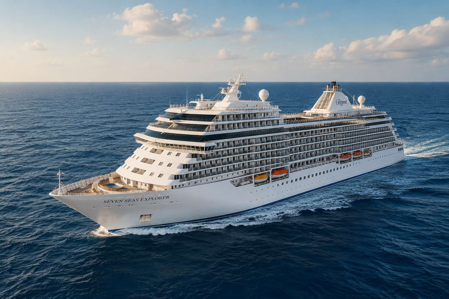 Regent Seven Seas ship sailing on a luxury world cruise