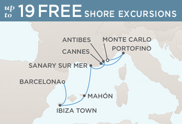 Regent Seven Seas Mariner 2014 World Cruise Map MONTE CARLO TO BARCELONA