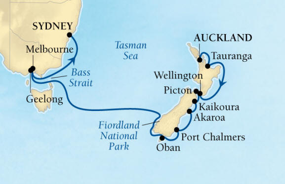 Seabourn Encore Cruise Map Detail Auckland, New Zealand to Sydney, Australia February 18 March 6 2017 - 16 Days - Voyage 7716